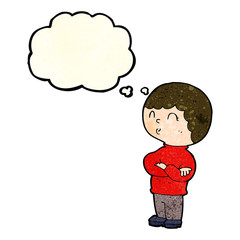 cartoon boy with folded arms with thought bubble