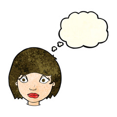 cartoon worried female face with thought bubble