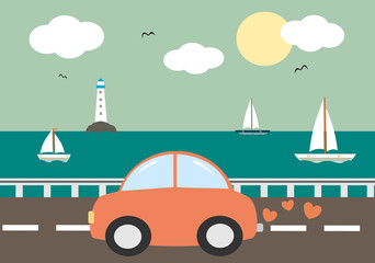 cute cartoon red car driving on sea background vector illustration