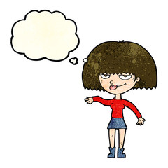 cartoon smug woman making dismissive gesture with thought bubble