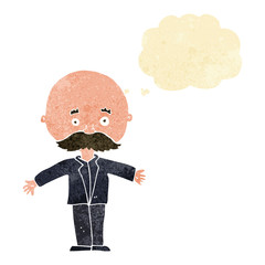 cartoon bald man with open arms with thought bubble