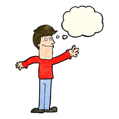cartoon happy man waving with thought bubble