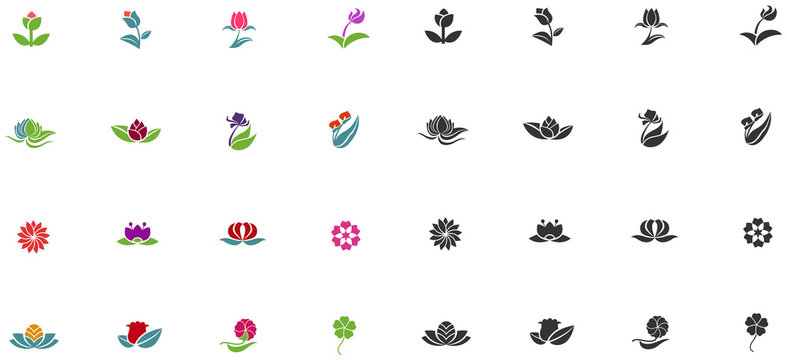 Silhouette fantasy logo flower lotus rose tulip sunflower daisy clover icon set, create by vector 