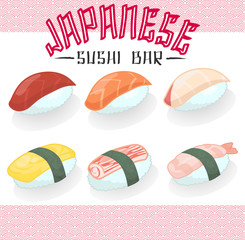 Japanese food Sushi salmon tuna bass hamachi sweet egg prawn icon set in isolated background with text header, create by vector