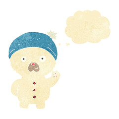cartoon waving polar teddy bear in winter hat with thought bubbl