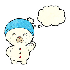 cartoon waving polar teddy bear in winter hat with thought bubbl