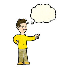 cartoon shocked boy pointing with thought bubble