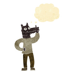 cartoon werewolf with idea with thought bubble