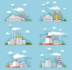 Naklejka premium Industrial landscape set. The nuclear power plant and factory on