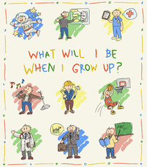 Kindergarten children doodle drawing cartoon job professions such as astronaut businessman doctor sportsman programmer engineer architect teacher icon set