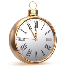 New Year's Eve clock midnight countdown Christmas ball decoration bauble ornament golden sparkly. Traditional wintertime happy holidays beginning time future hour symbol adornment. 3d render isolated