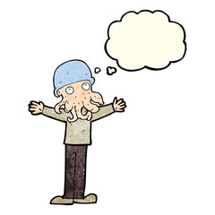 cartoon alien squid face man with thought bubble