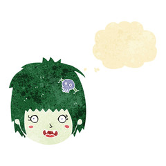 cartoon happy vampire girl face with thought bubble