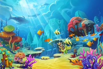 Foto op Plexiglas Kinderkamer Illustratie: De berg in de zee - Vis is als een vogel. - Scèneontwerp - Fantastische stijl