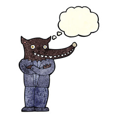 cartoon wolf man with thought bubble
