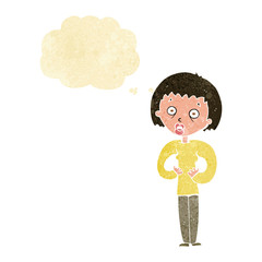 cartoon woman gesturing at self with thought bubble