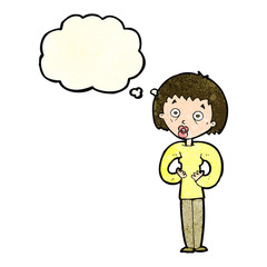 cartoon woman gesturing at self with thought bubble