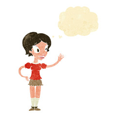 cartoon waving woman with thought bubble