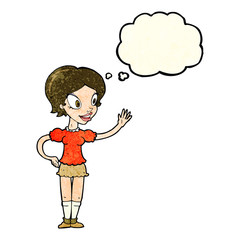 cartoon waving woman with thought bubble