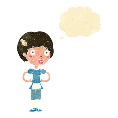 cartoon woman in french maid outfit with thought bubble