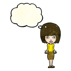 cartoon woman shrugging shoulders with thought bubble