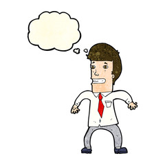 cartoon nervous businessman with thought bubble