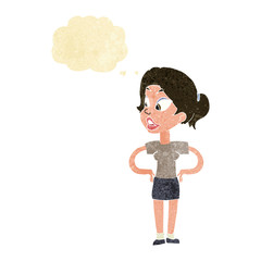 cartoon woman with hands on hips with thought bubble