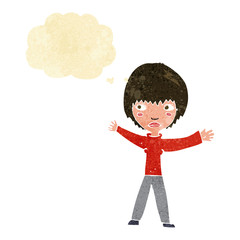 cartoon waving woman with thought bubble