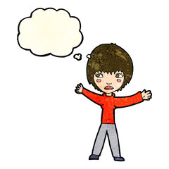 cartoon waving woman with thought bubble