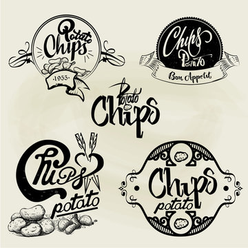 Vector set of potato chips labels, design elements. Isolated logo illustration in vintage style