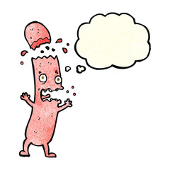 cartoon undercooked sausage with thought bubble