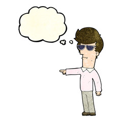 cartoon man in glasses pointing with thought bubble