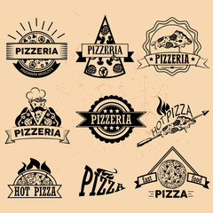 Set of Pizza Labels in vintage style. Icons, badges, emblems and design elements for pizzeria restaurant