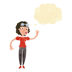cartoon pilot woman waving with thought bubble