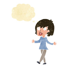 cartoon woman with open arms with thought bubble