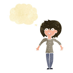 cartoon woman shrugging shoulders with thought bubble