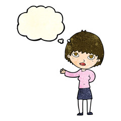 cartoon woman explaining with thought bubble