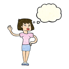 cartoon woman waving with thought bubble