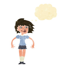 cartoon happy woman with thought bubble