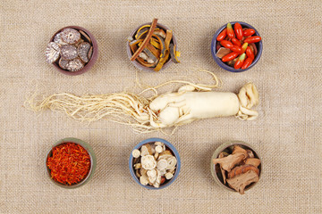 Traditional Chinese medicine (TCM) and ginseng, close-up