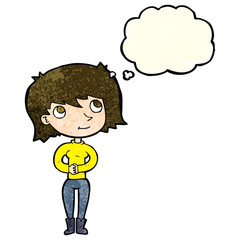 cartoon friendly woman with thought bubble