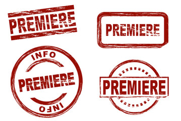 Set of stylized stamps showing the term premiere. All on white background.