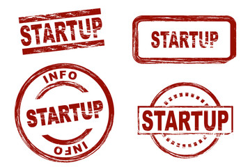 Set of stylized stamps showing the term startup. All on white background.