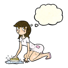 cartoon cinderella scrubbing floors with thought bubble