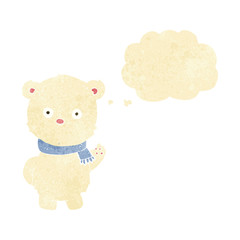 cartoon waving polar bear cub with thought bubble