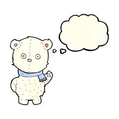 cartoon waving polar bear cub with thought bubble