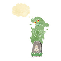 cartoon ghost rising from grave with thought bubble
