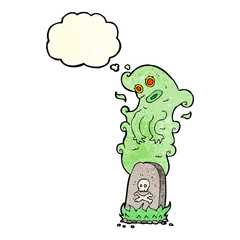 cartoon ghost rising from grave with thought bubble