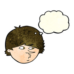 cartoon suspicious man with thought bubble