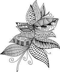 Hand  drawn, stylized, vector of feather on a white background.